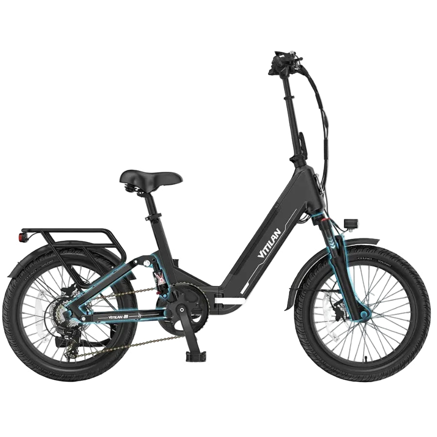 A black Vitilian u9 folding electric bicycle with teal accents on the frame and front fork, shown from a side profile on a solid white background.