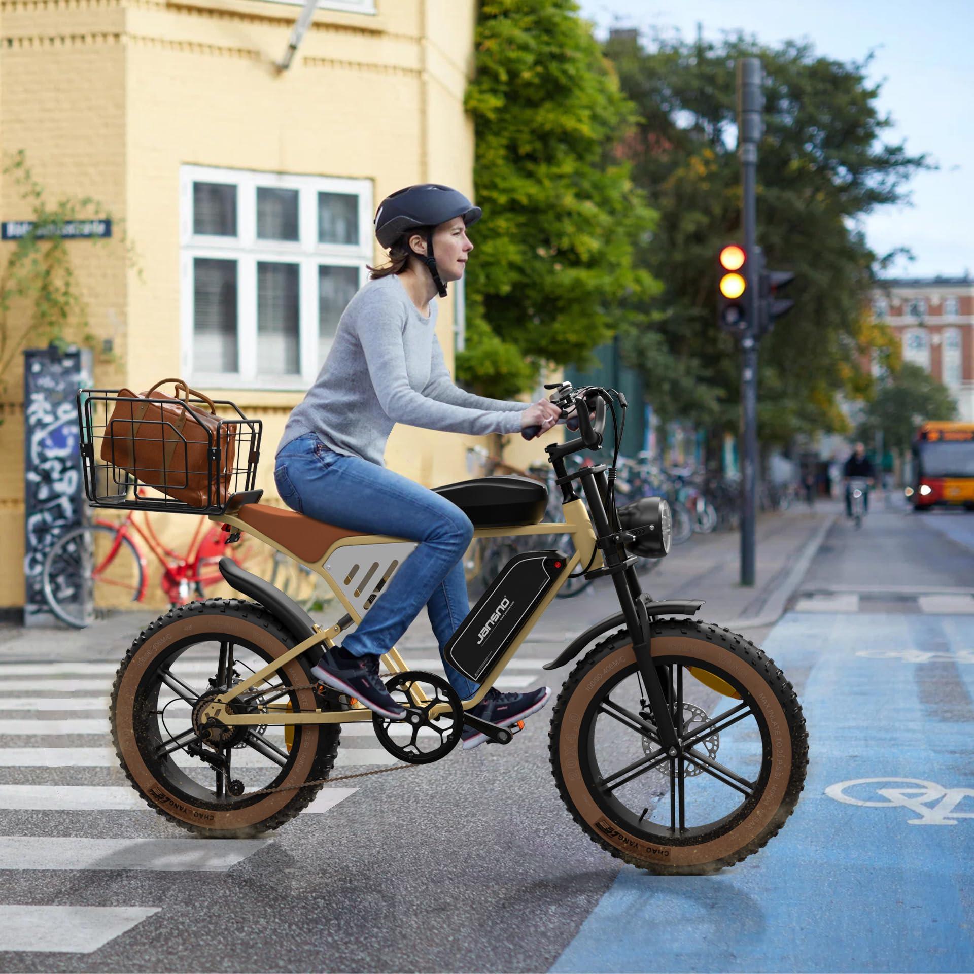 A women riding JANSNO X70 Adult E-Bike with 65 Nm Motor, 120 miles of range,48V/34Ah Newly Upgraded Dual Battery, 20’ x 4.0 All Terrain Wide Tyre E-Bike with Unlockable Multiple Performance Modes,CE certification - Pogo Cycles