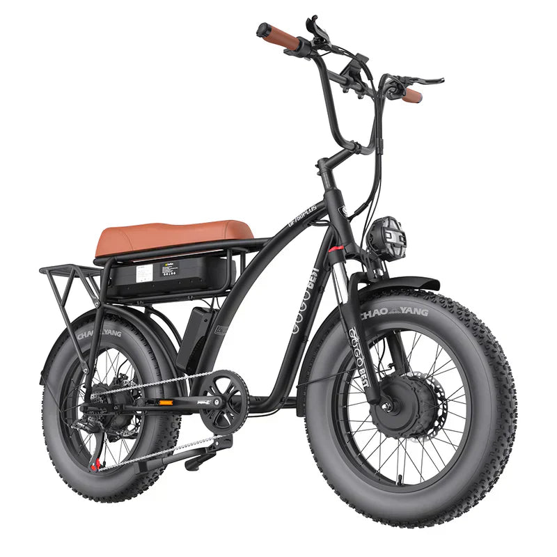 GOGOBEST GF750 electric bike black with brown seat side view, fat tires, rear rack
