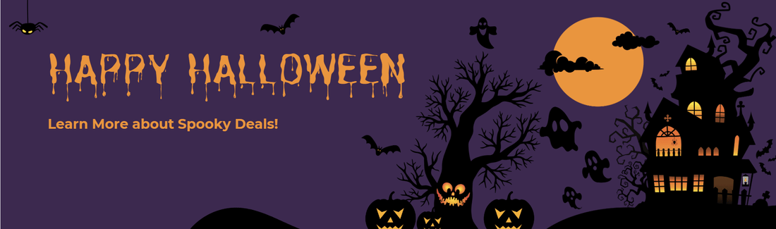 Pogo Cycles Halloween banner with haunted house, pumpkins, bats, spooky tree and full moon