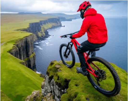 Red electric mountain bike on cliff edge, side view, with rider overlooking coastal landscape
