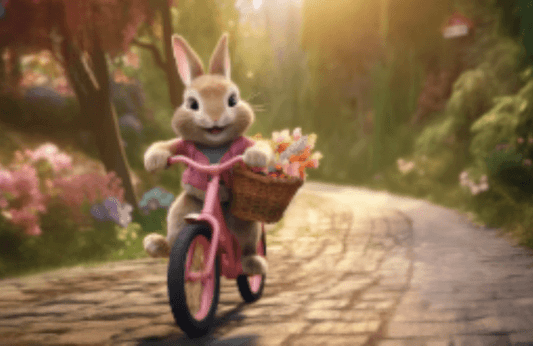 Animated rabbit riding a pink bike with a flower basket on a scenic garden path