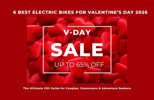 Valentine’s Day sale banner with red hearts background highlighting electric bike discounts.