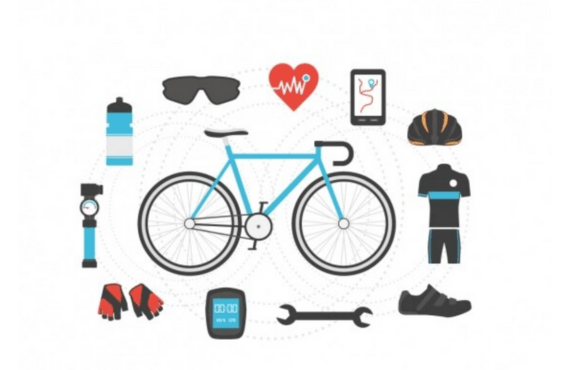 Electric bike with cycling gear, heart icon, tools, and accessories at Pogo Cycles