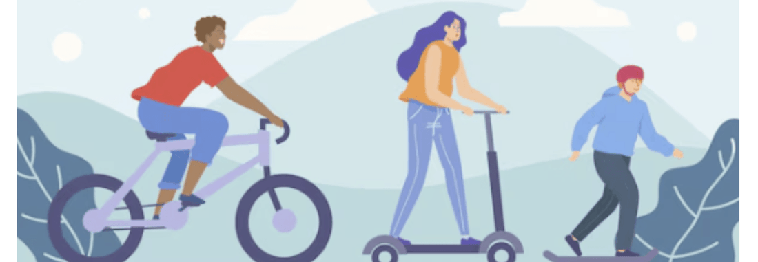 Illustration of people riding an electric bike, e-scooter, and skateboard outdoors, side view