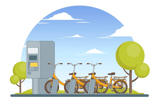 Electric bikes at a charging station in a park, eco-friendly transport, Pogo Cycles
