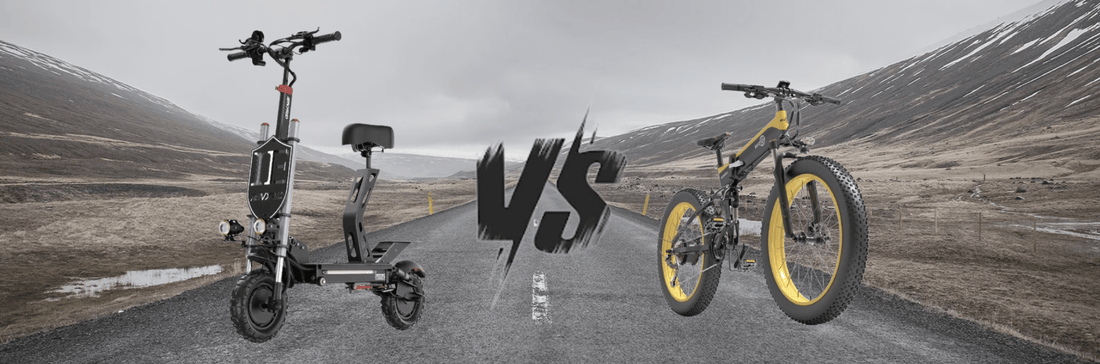 Electric scooter vs electric bike comparison on mountain road, Pogo Cycles e-mobility options