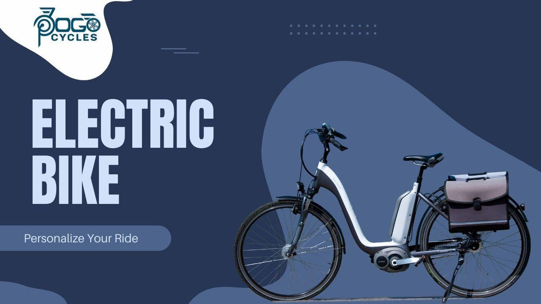 Step-through electric bike side view with rear pannier bag on blue background