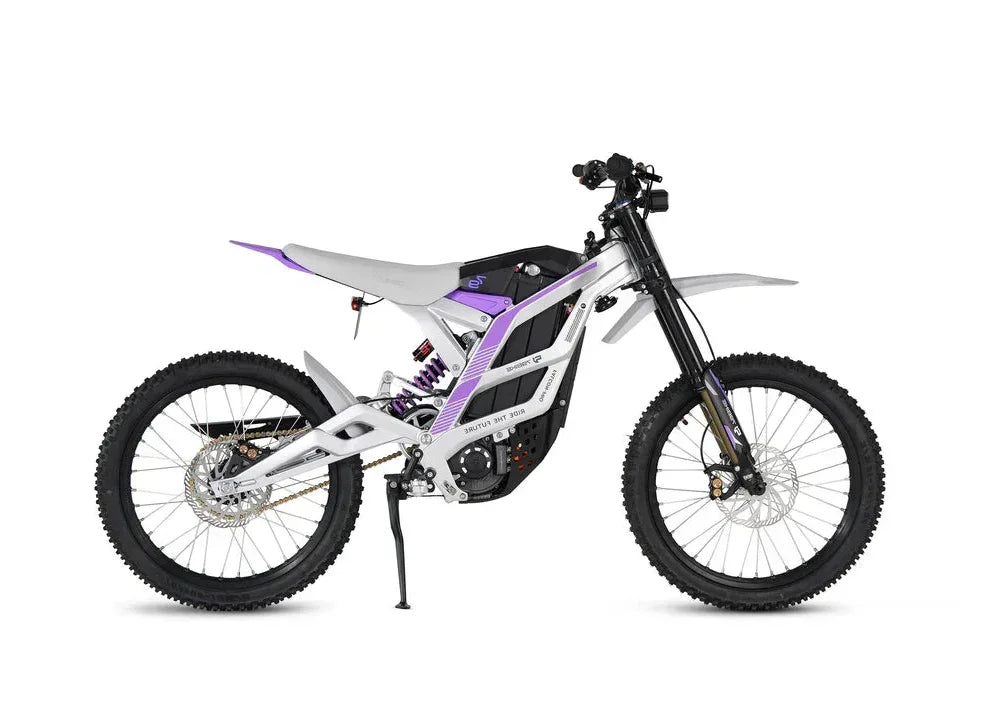 White 79BIKE Falcon Pro Electric Dirt Bicycle with purple accents on a white background