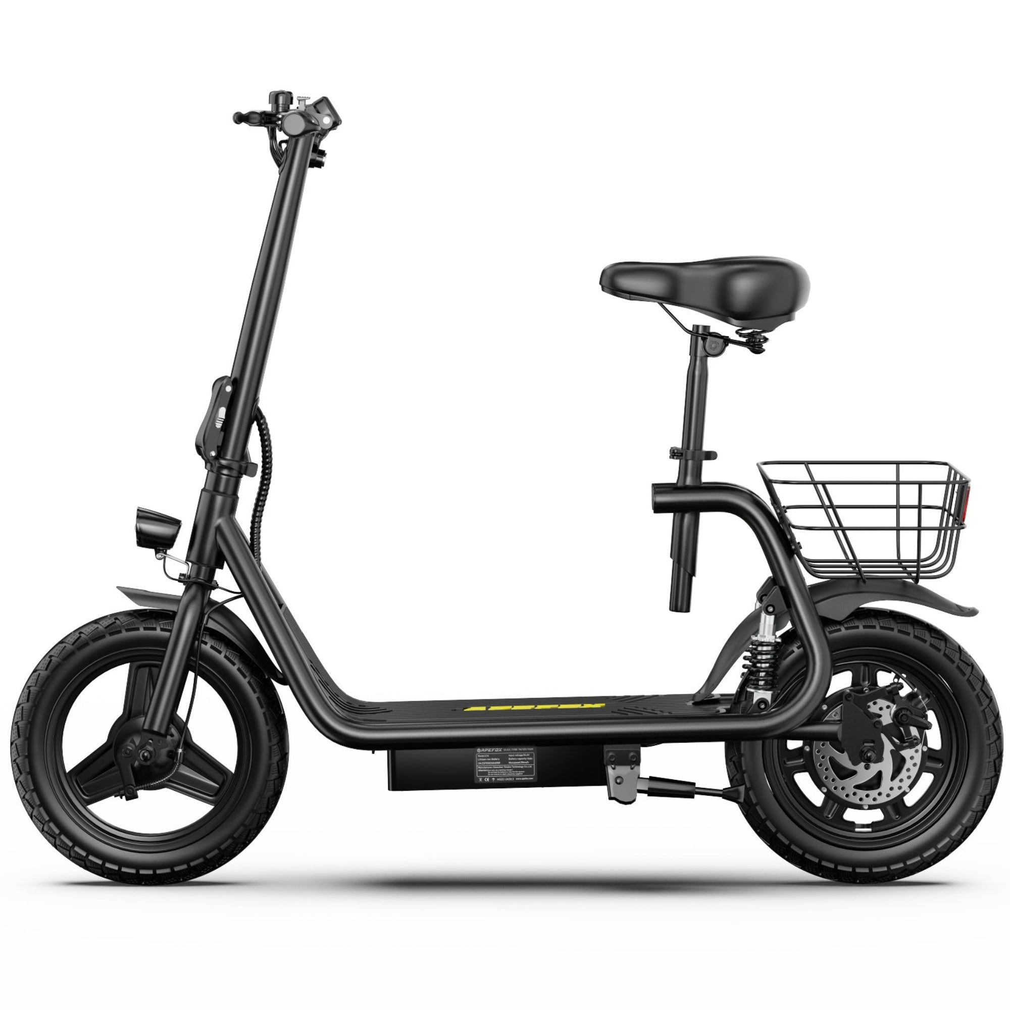 A APEFOX C14 Electric Scooter in black with a step-through frame, black saddle, front wire basket, and small yellow accent details, shown on a plain white background.