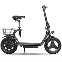 A APEFOX C14 Electric Scooter in black with a rear wire basket, black seat, and black wheels, shown in a clean side profile on a white background.
