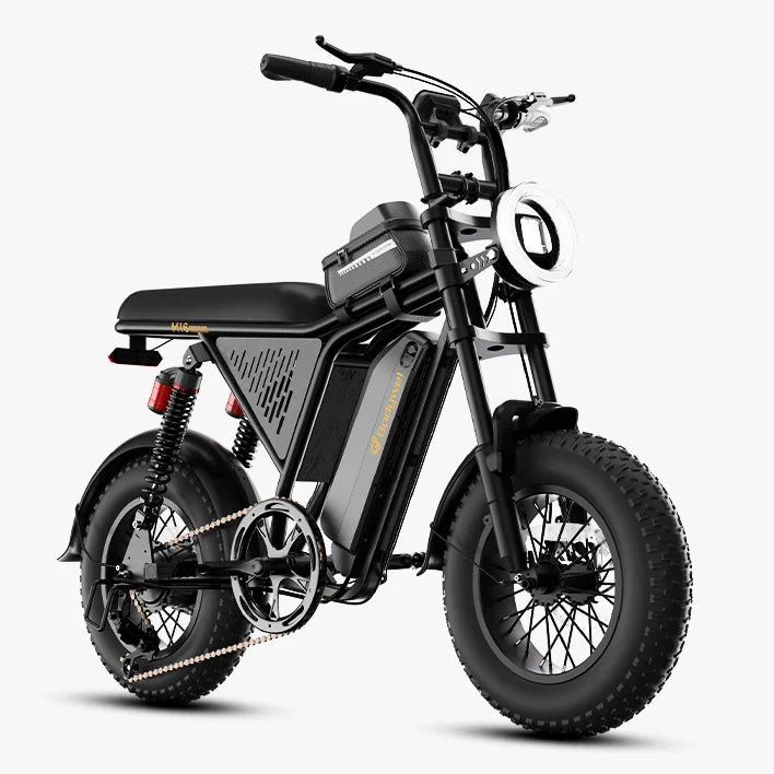 A Bodywel M16 Pro electric dirt bike in black with a round white headlight, thick knobby tires, and a central battery pack, shown on a light gray background.