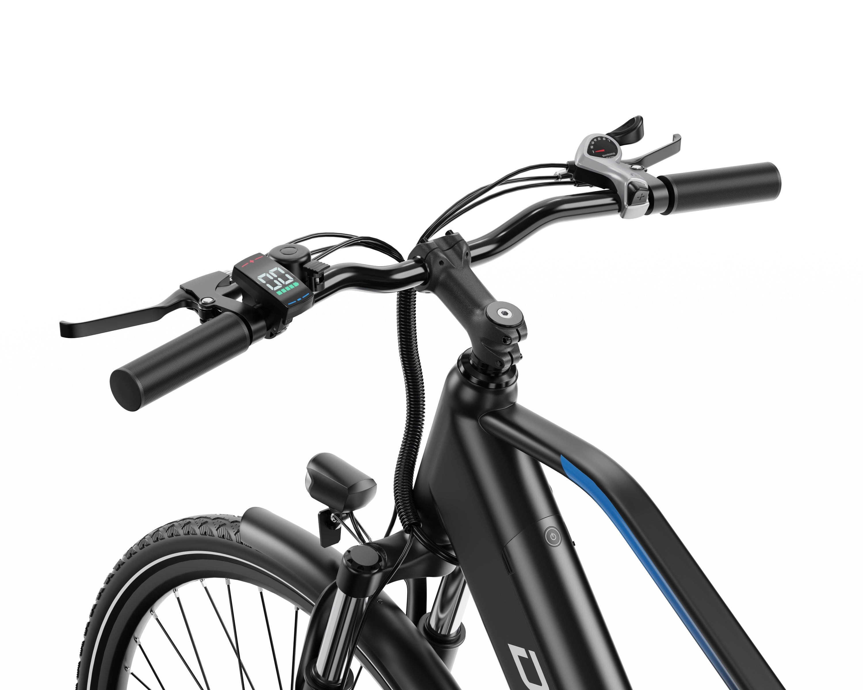 Close-up of an DUOTTS C29 Lite Electric Bike with handlebars and display on a white background