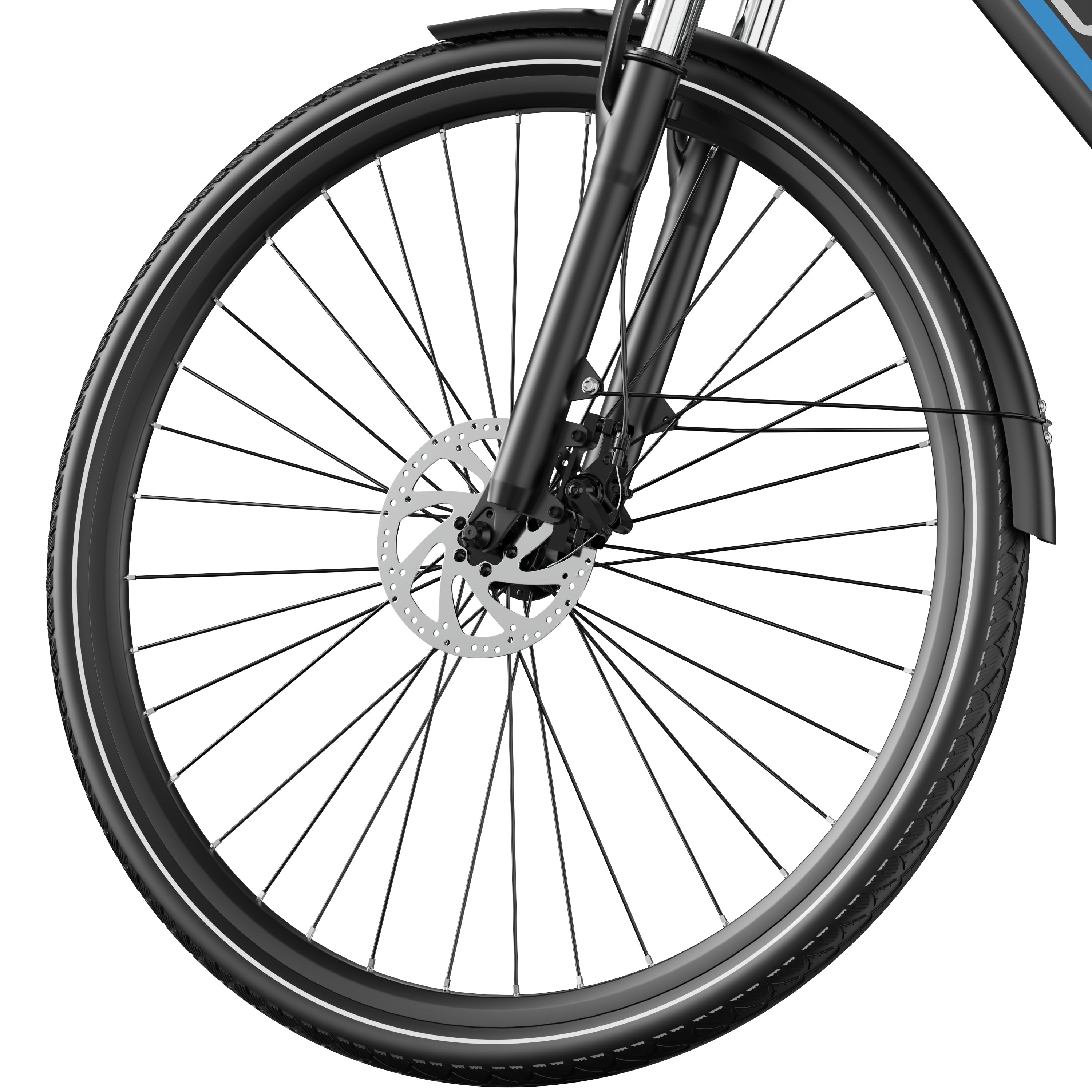 Close-up of a DUOTTS C29 Lite Electric bicycle wheel with disc brake on a white background