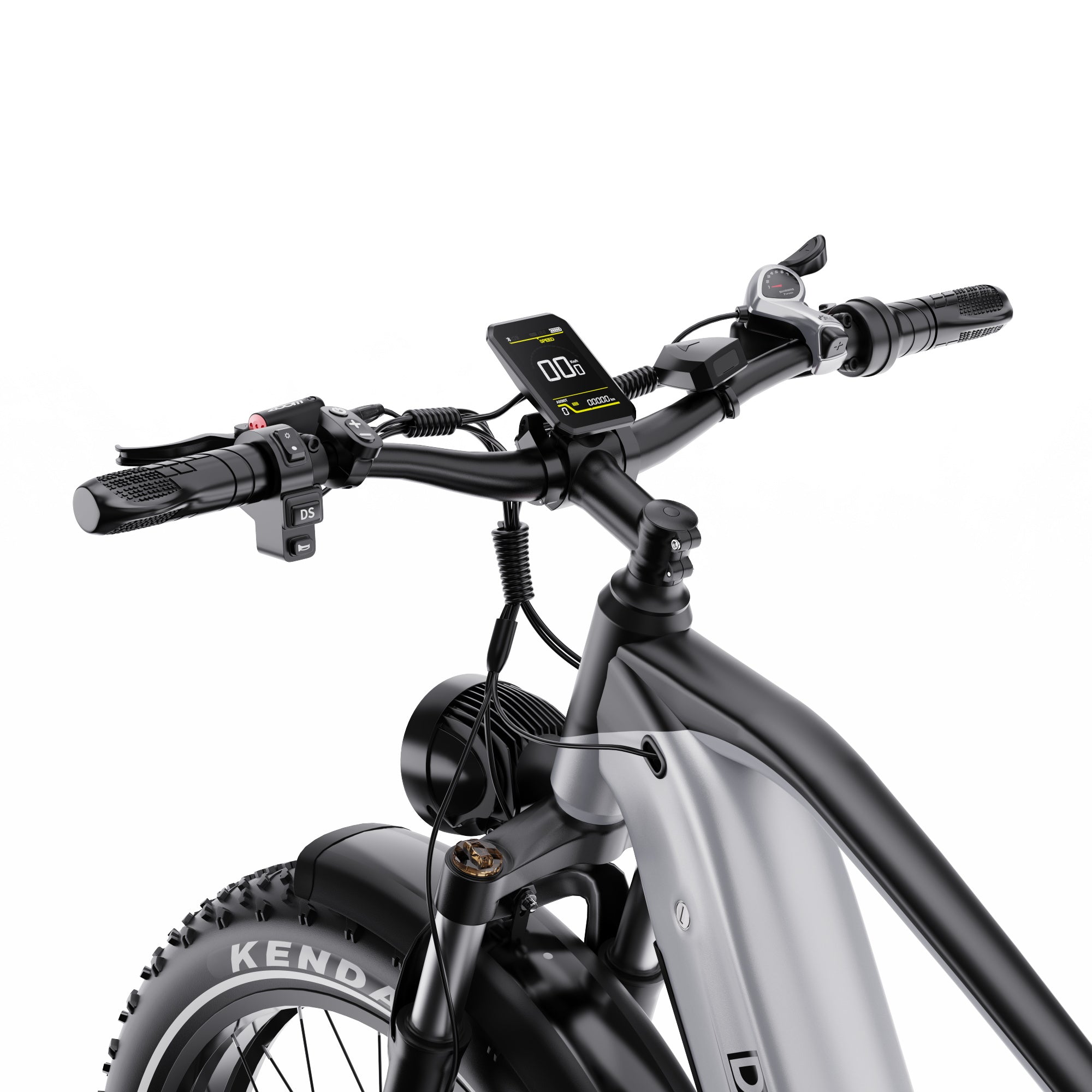 Close-up of an DUOTTS F26 Lite Electric Bike's handlebar with a digital display on a white background