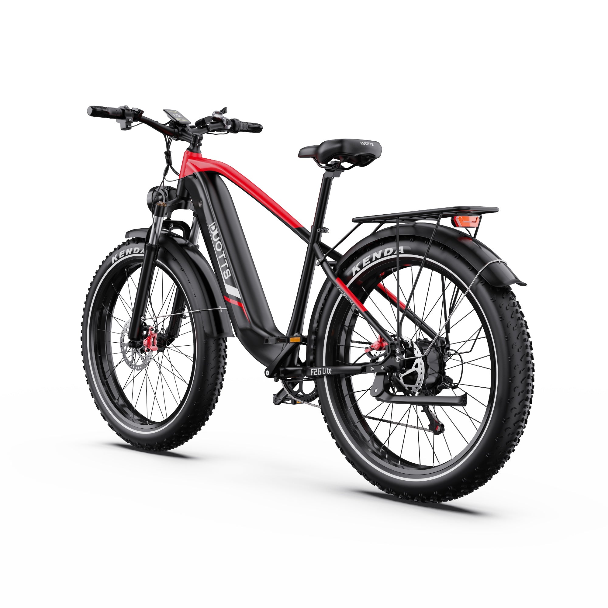 Side View of DUOTTS F26 Lite Electric Bike with red frame and black body on a white background - Pogo Cycles, Ireland. 