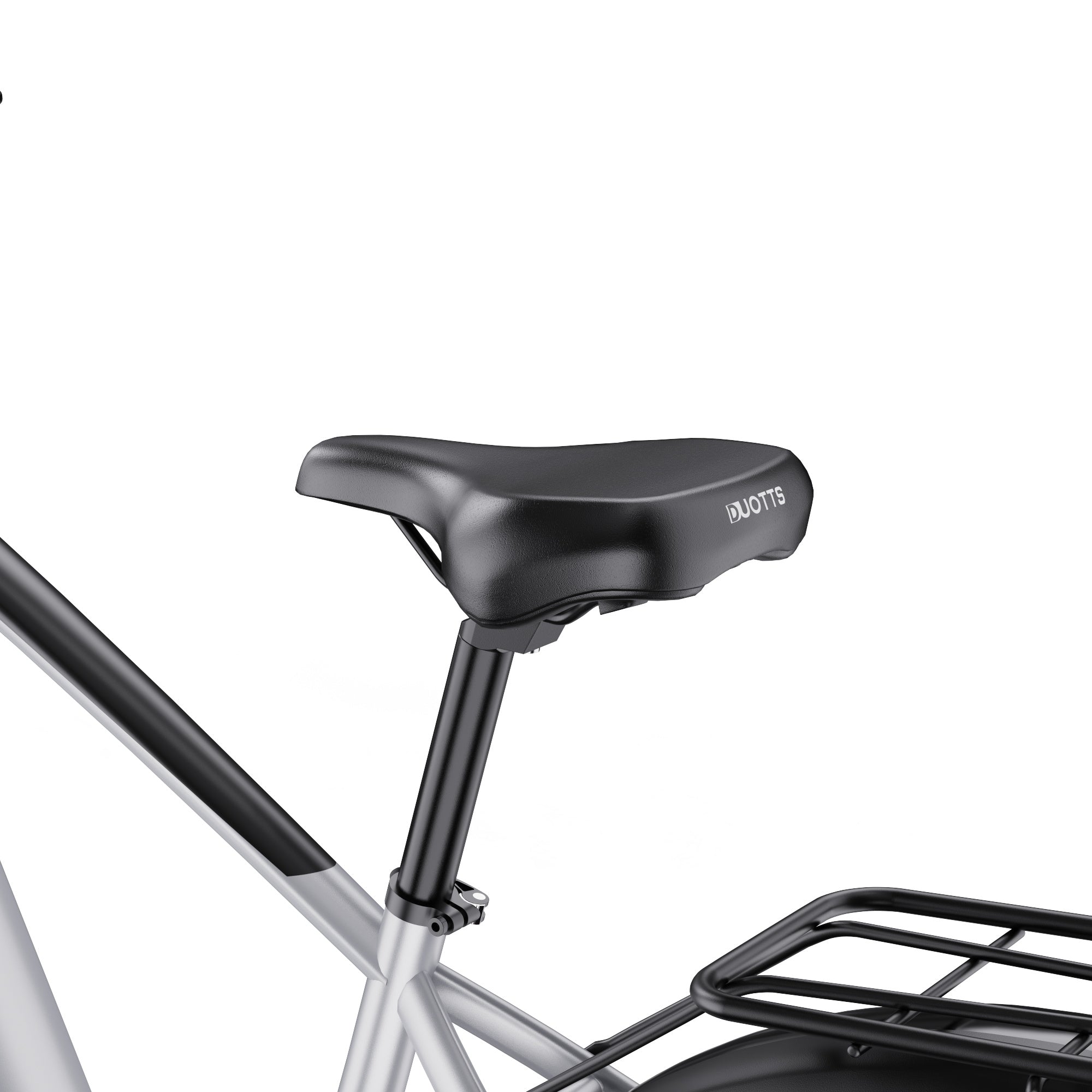 Close-up of a DUOTTS F26 Lite Electric bicycle seat with a black seat post and 'Duotts' branding on a white background.