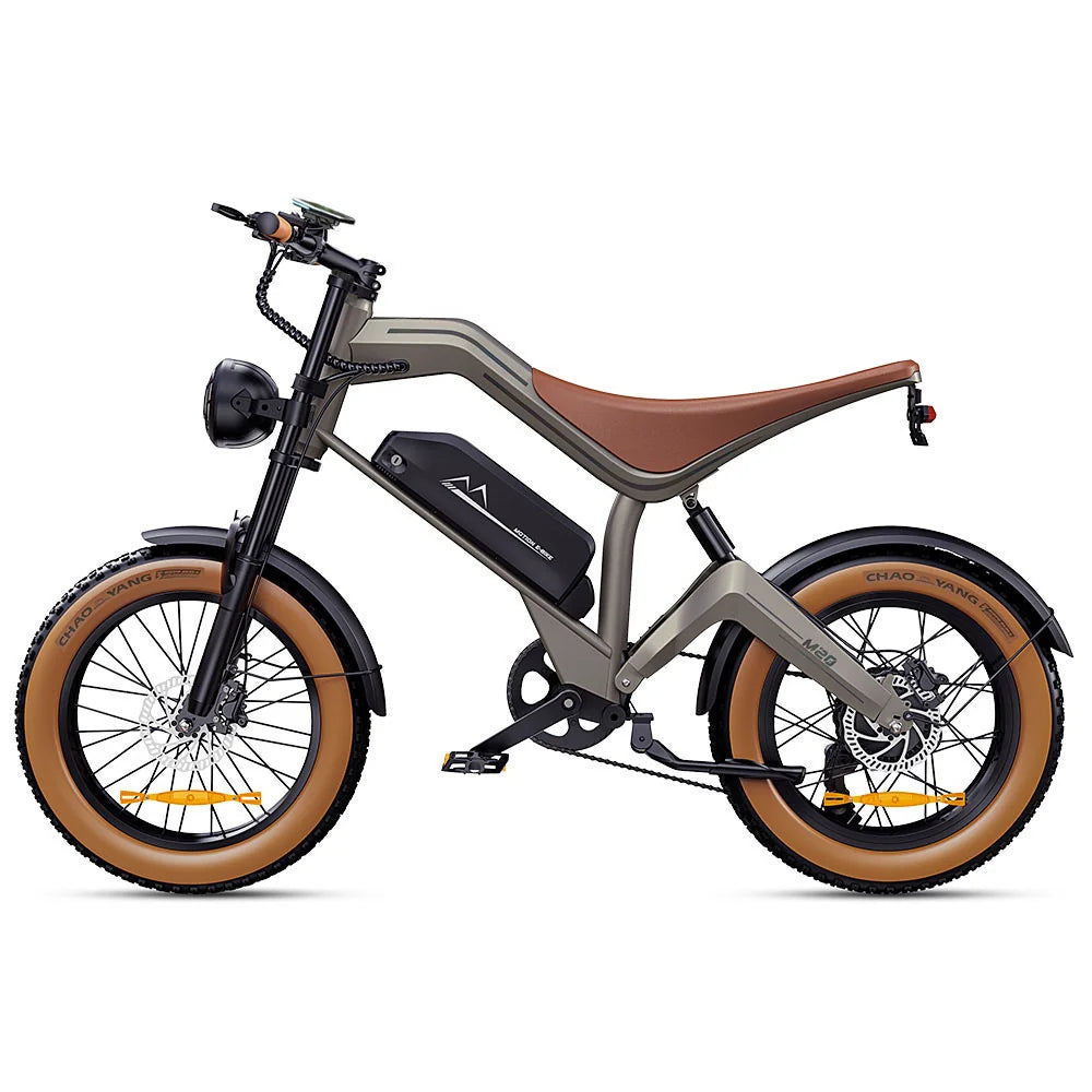 Left view of  DYU M20 All-Terrain Long-Range Electric Bike with brown tires on a white background
