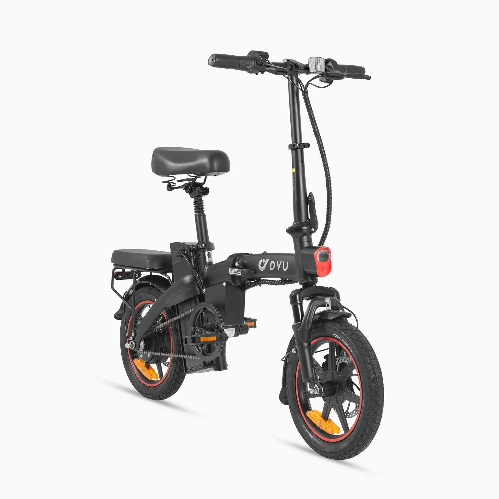 Black DYU A5 Upgraded Folding Electric Bike with orange rims on a white background