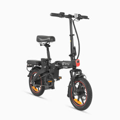 Black DYU A5 Upgraded Folding Electric Bike with orange rims on a white background
