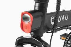 Close-up of a DYU A5 Upgraded Folding Electric bicycle headlight with a red cover and DYU branding on a white background