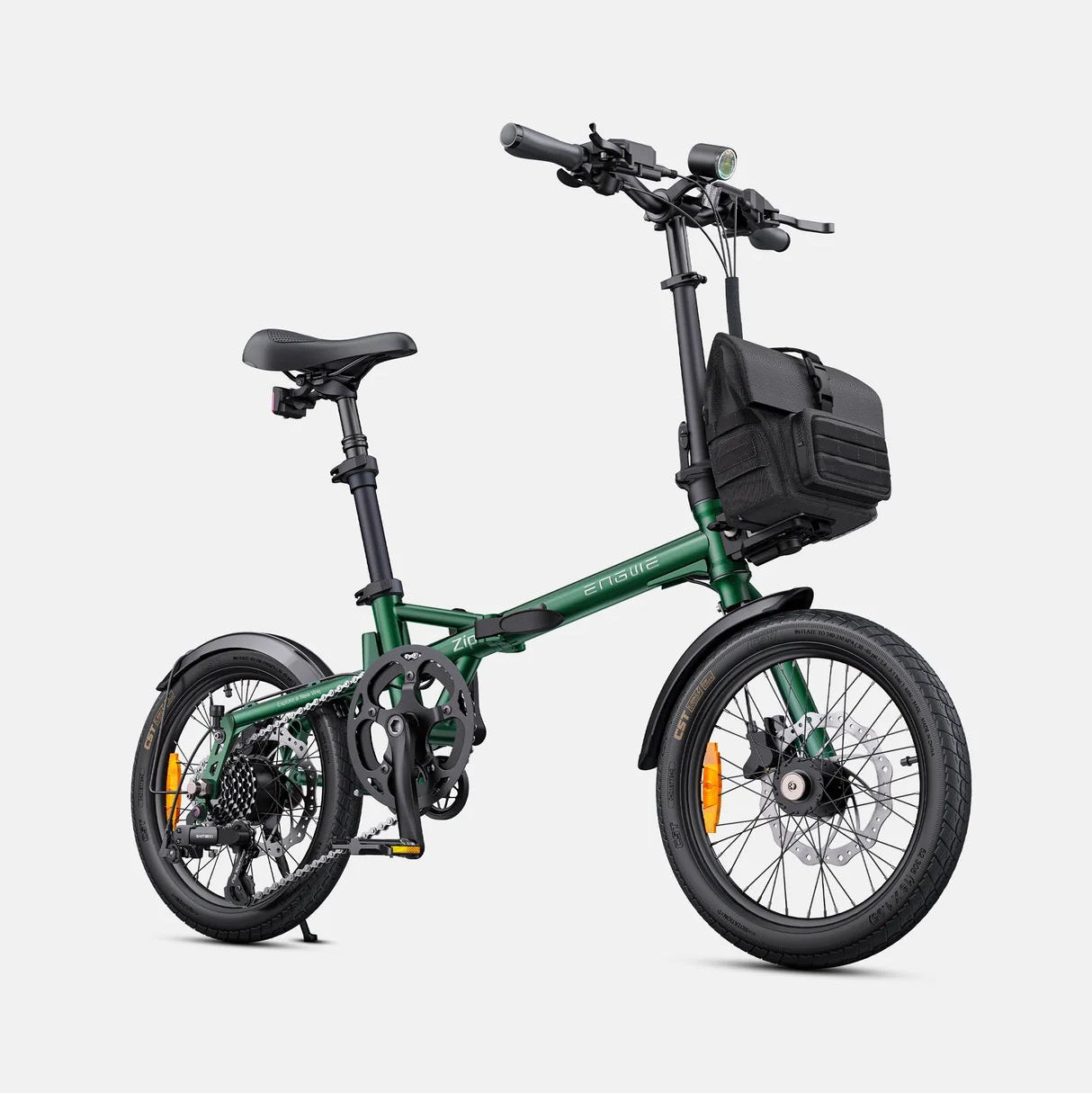 ENGWE Zip Folding Electric Bike in green with a black basket on a white background