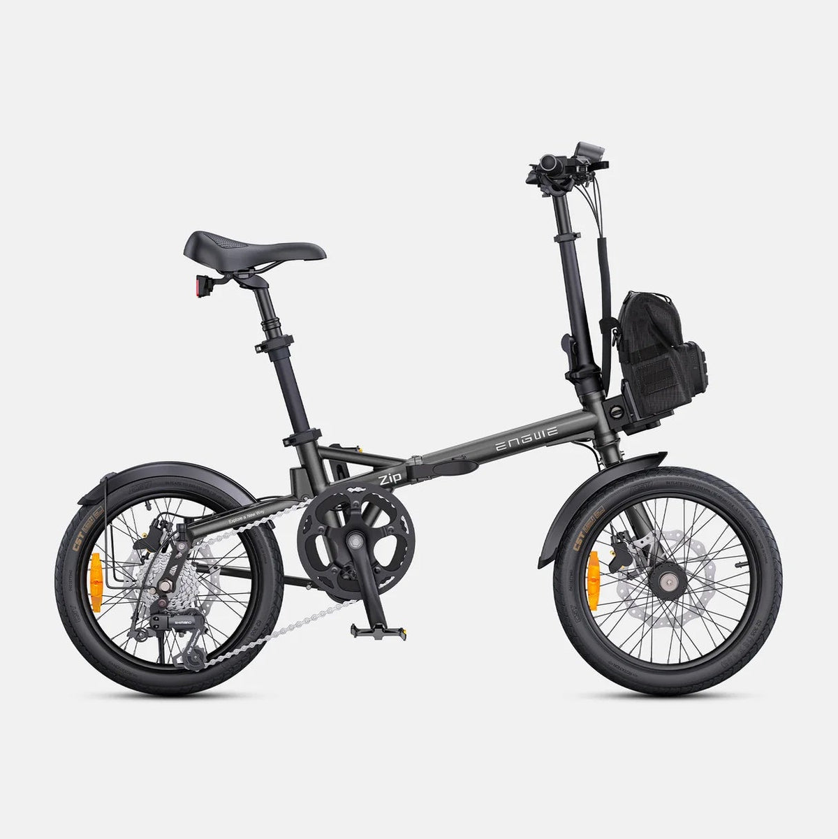 ENGWE Zip Folding Electric bicycle in black on a white background