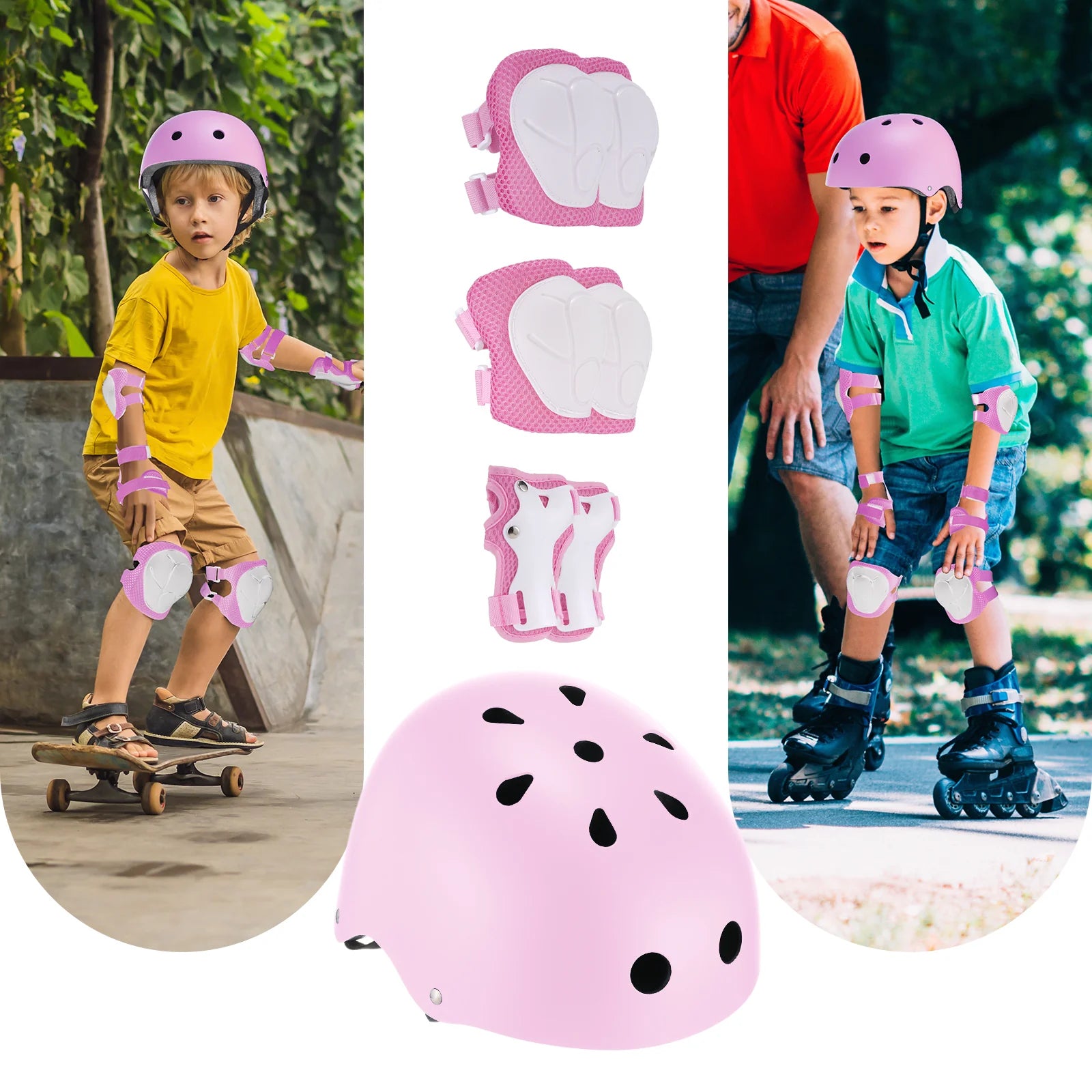Children wearing pink protective gear and skateboarding, with a close-up of the gear. - Hoverboard Kids Stylish Classic Helmet