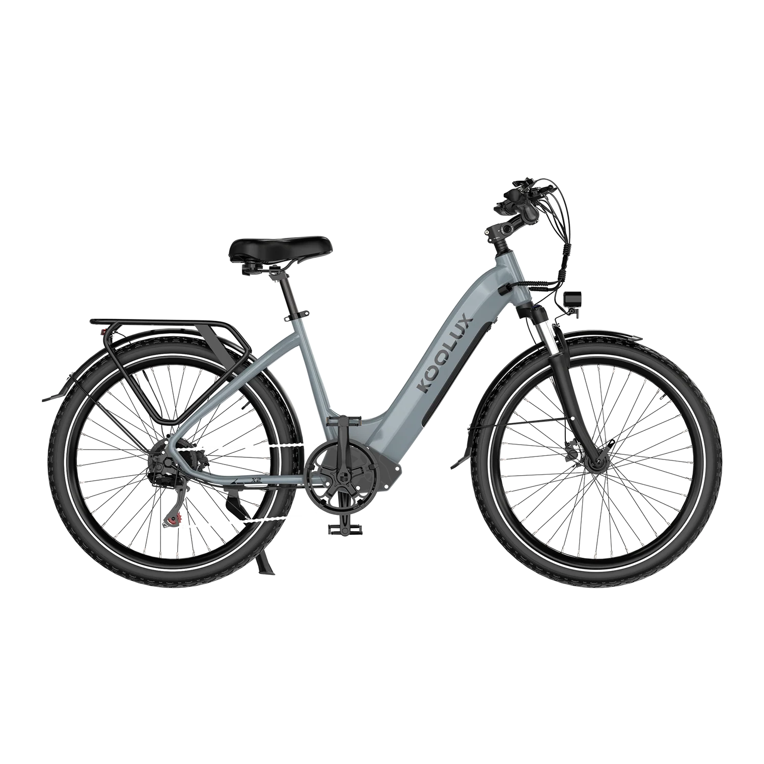 Gray KOOLUX X2 Step-Thru Electric bicycle with 'Koolux' branding on a white background