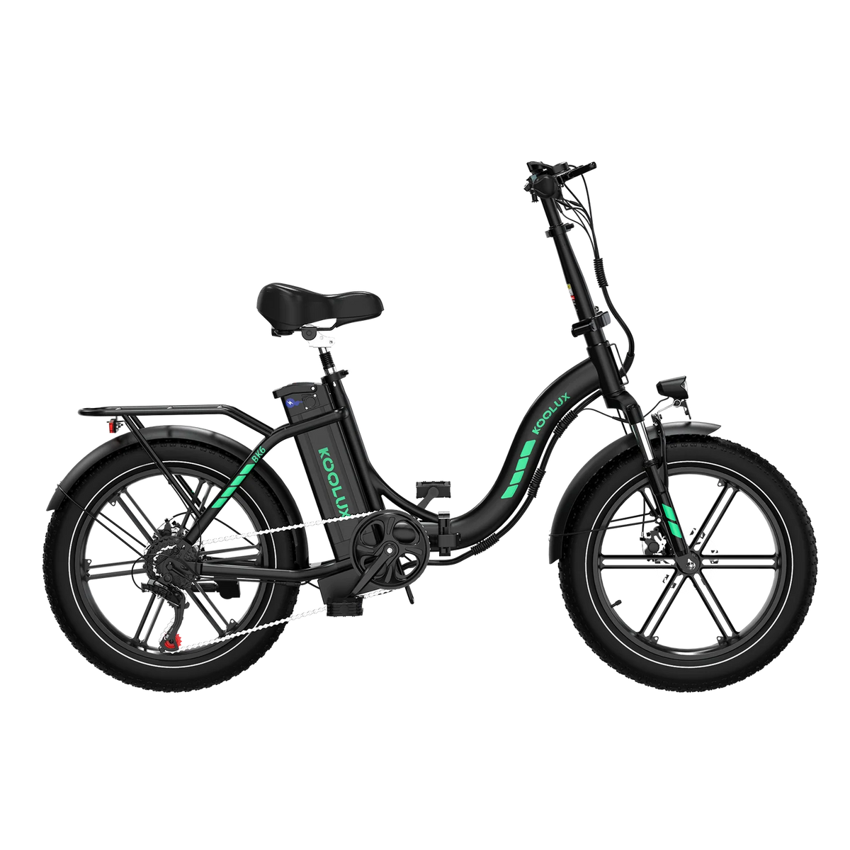 Black KOOLUX BK6S 4.0 Folding Electric Bike with green branding on a white background