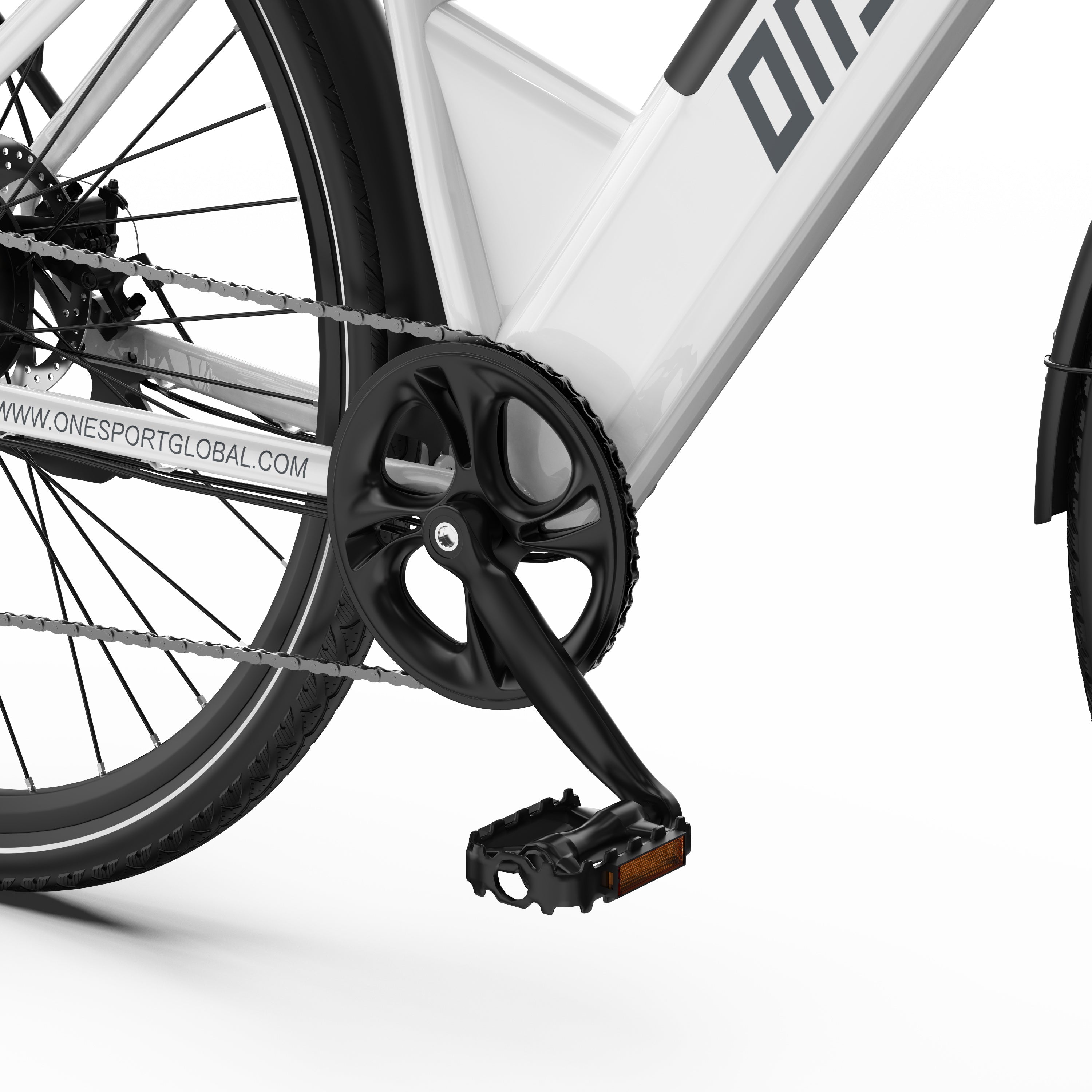 Close-up of a ONESPORT OT12 Urban Electric bicycle chain and gear system on a white background
