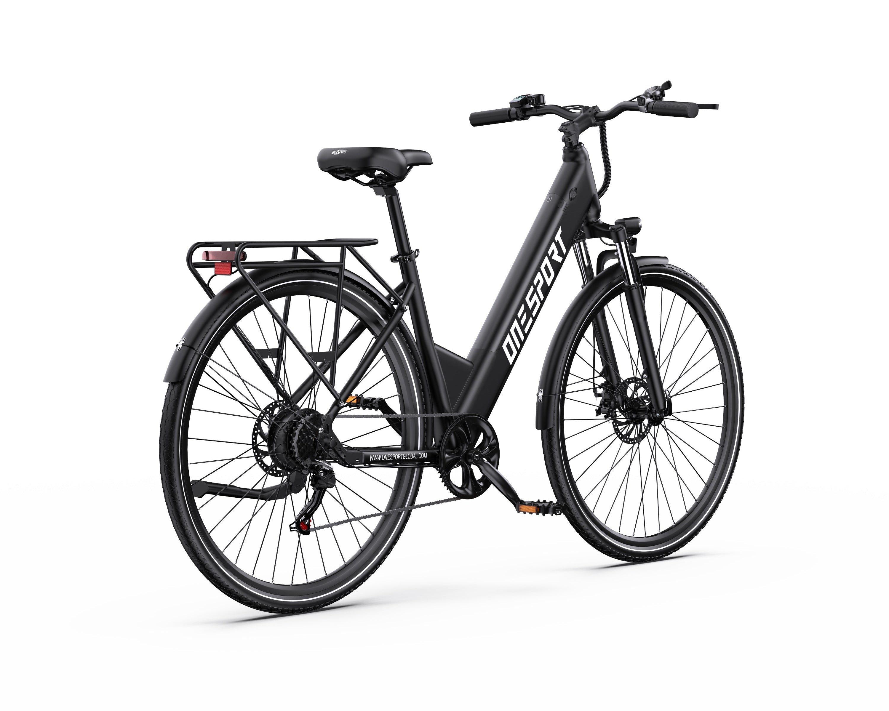 Black ONESPORT OT12 Urban Electric bicycle on a white background