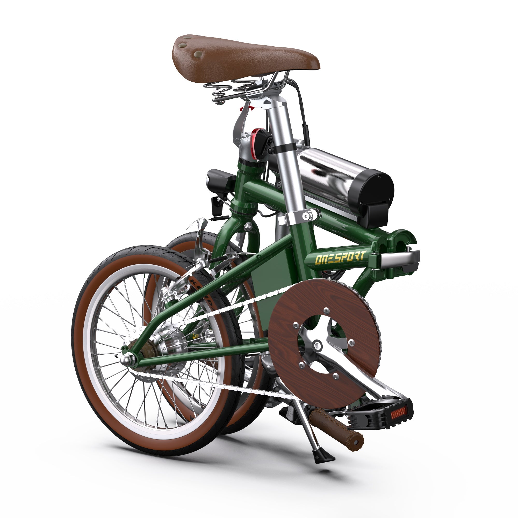 Green OneSport OT02 Compact Folding Electric Bike with brown seat and wheels on a white background