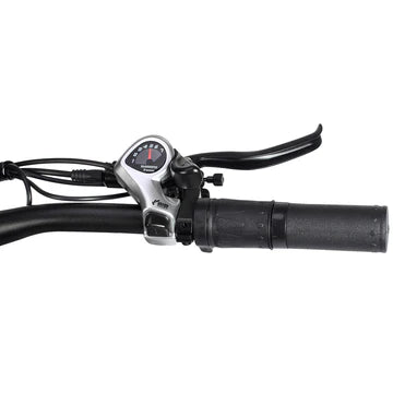 Close-up of a PHILODO Jumbo Dual Motor Electric Bicycle handlebar with a black textured grip, black brake lever, and a small round speedometer mounted on a silver clamp, isolated on a white background.