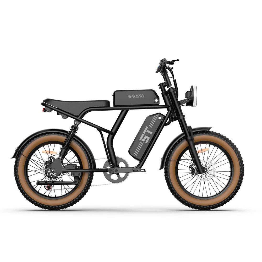 Black URLIFE T2 Off Road Electric Bike with brown tires on a white background