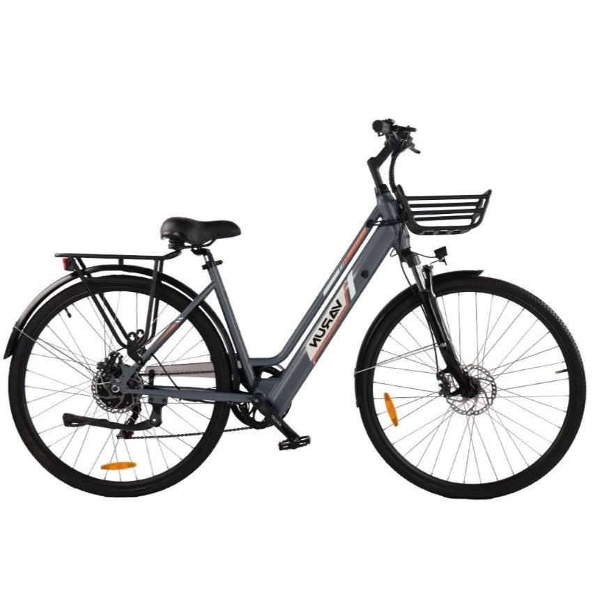 Gray VARUN C7008 Urban Electric Bike with a basket on a white background - Pogo Cycles, Ireland