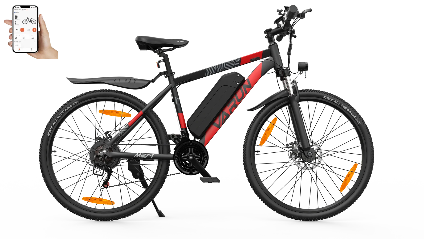 VARUN M27-1 Electric bicycle  with a smartphone displaying an app on a white background