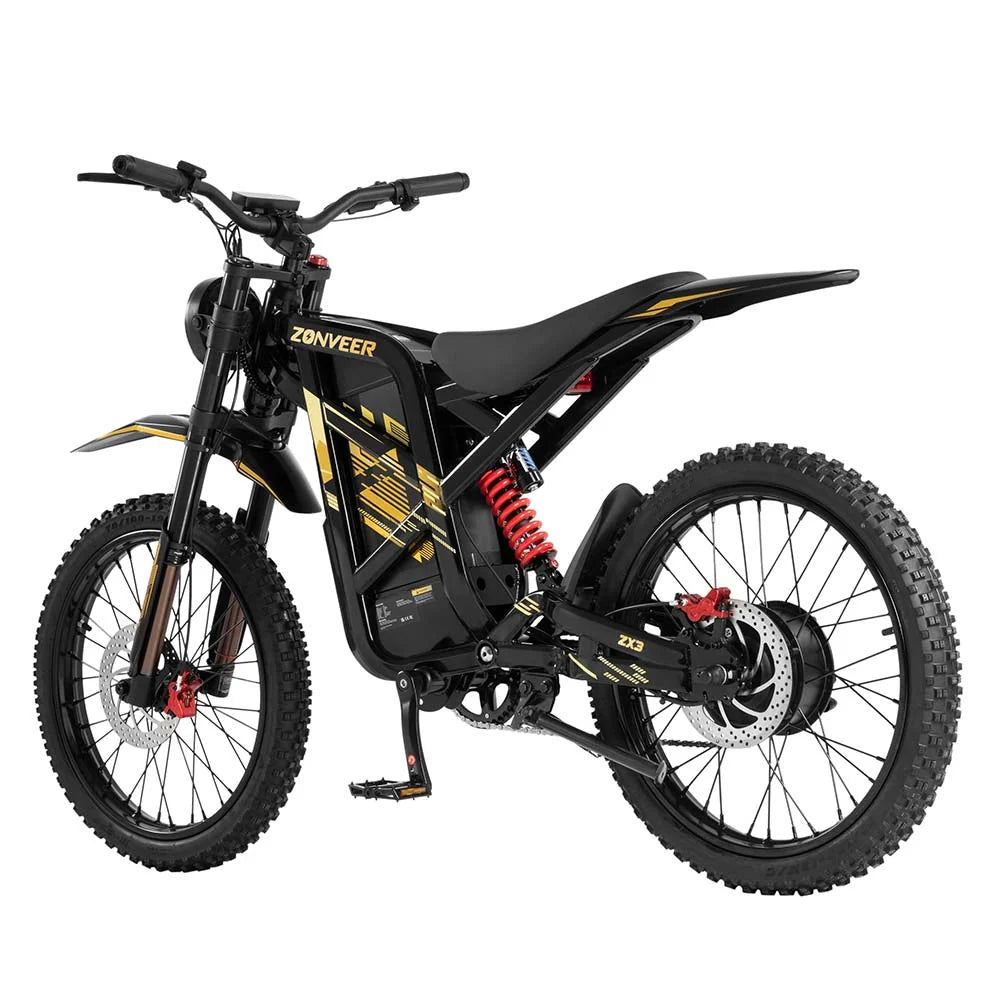 Black Zonveer ZX3 Electric Dirt Bike with yellow accents on a white background