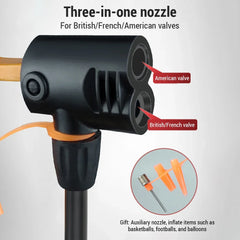 Three-in-one nozzle for British/French/American valves with valve types labeled.