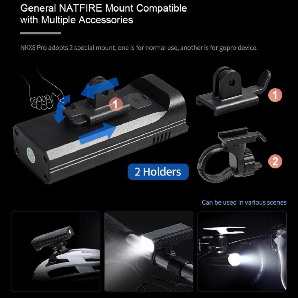 NATFIRE 10000mAh Bicycle Light Digital Battery Indicator USB Rechargeable Bike Light Set with 3 Holders 7000LM 8 LED Flashlight - Pogo Cycles