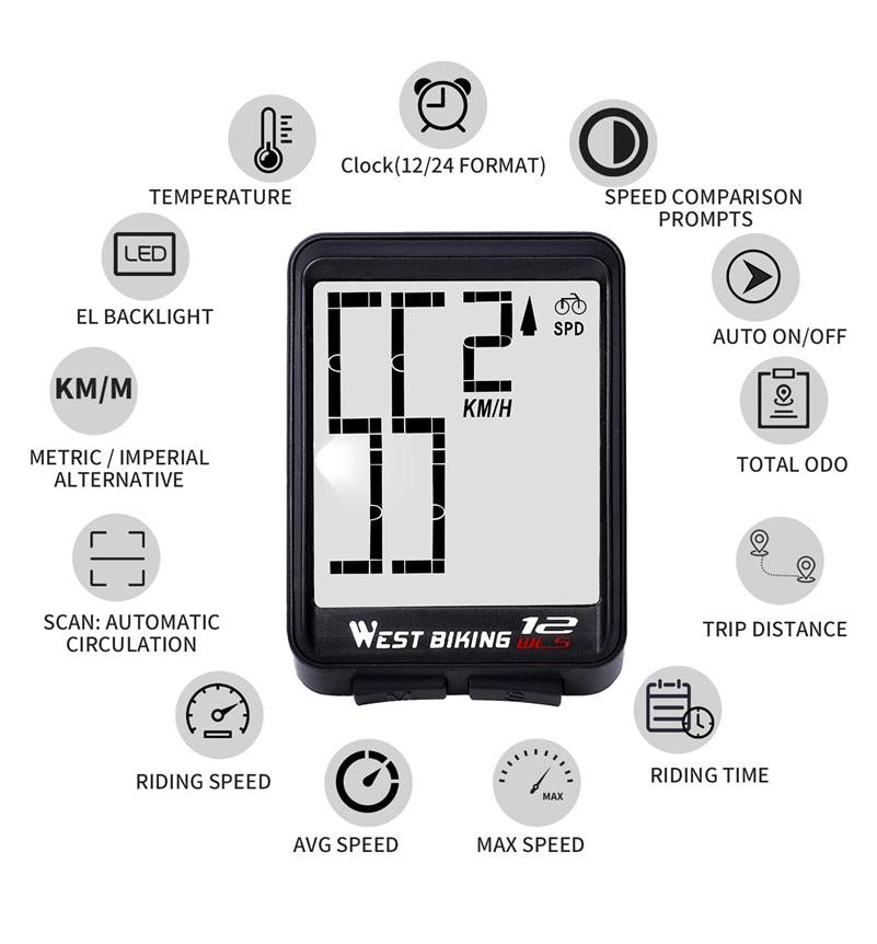 WEST BIKING Bike Computer Multifunction LED Digital Rate MTB Bicycle Speedometer Wireless Cycling Odometer Computer Stopwatch - Pogo Cycles