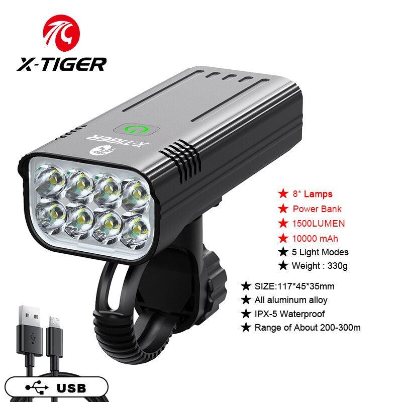 X-TIGER Bike Light Set Powerful USB Rechargeable Bright 8 LED 10000mAh Bicycle Front Lights IPX5 Waterproof Front Lamp Taillight - Pogo Cycles