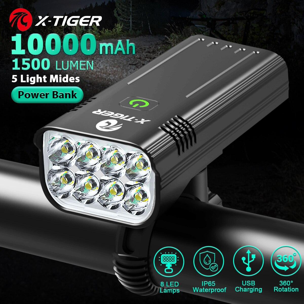 X-TIGER Bike Light Set Powerful USB Rechargeable Bright 8 LED 10000mAh Bicycle Front Lights IPX5 Waterproof Front Lamp Taillight - Pogo Cycles